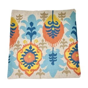 Pottery Barn Leigh Ikat Embroidered 20" Square Pillow Cover Tan Blue Multi Boho